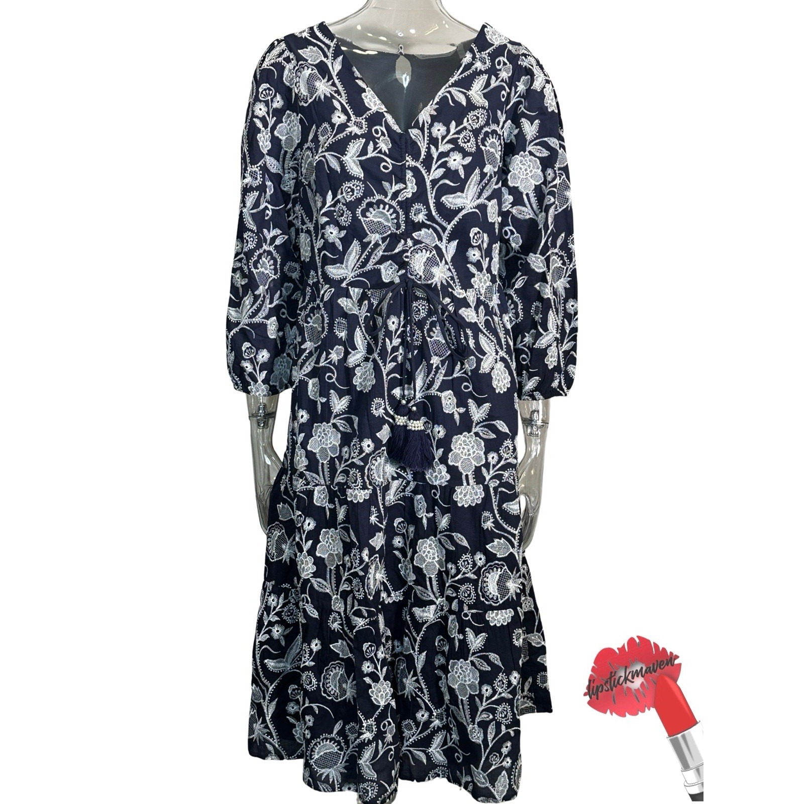 Soft Surroundings Tilda Midi Dress Womens Sz M 10 Navy Floral Embroidered